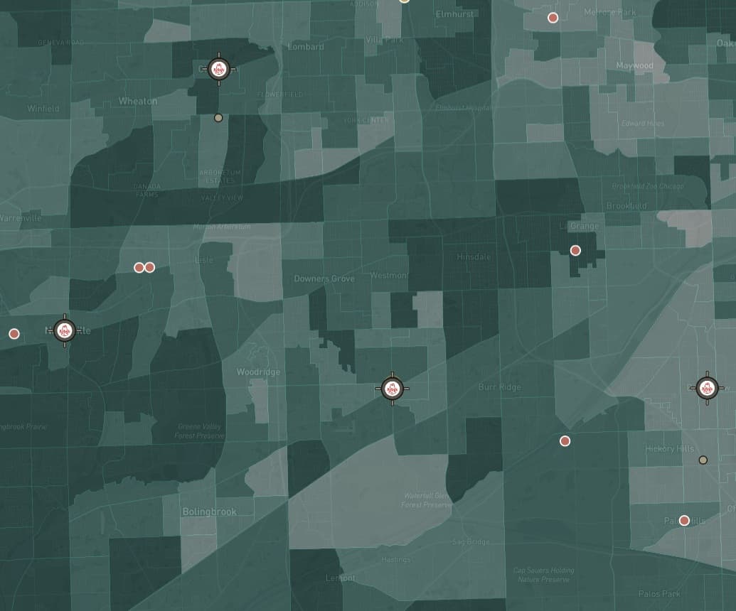 EndCap demographic map showing Census-tract household income across Chicago's southwest suburbs.