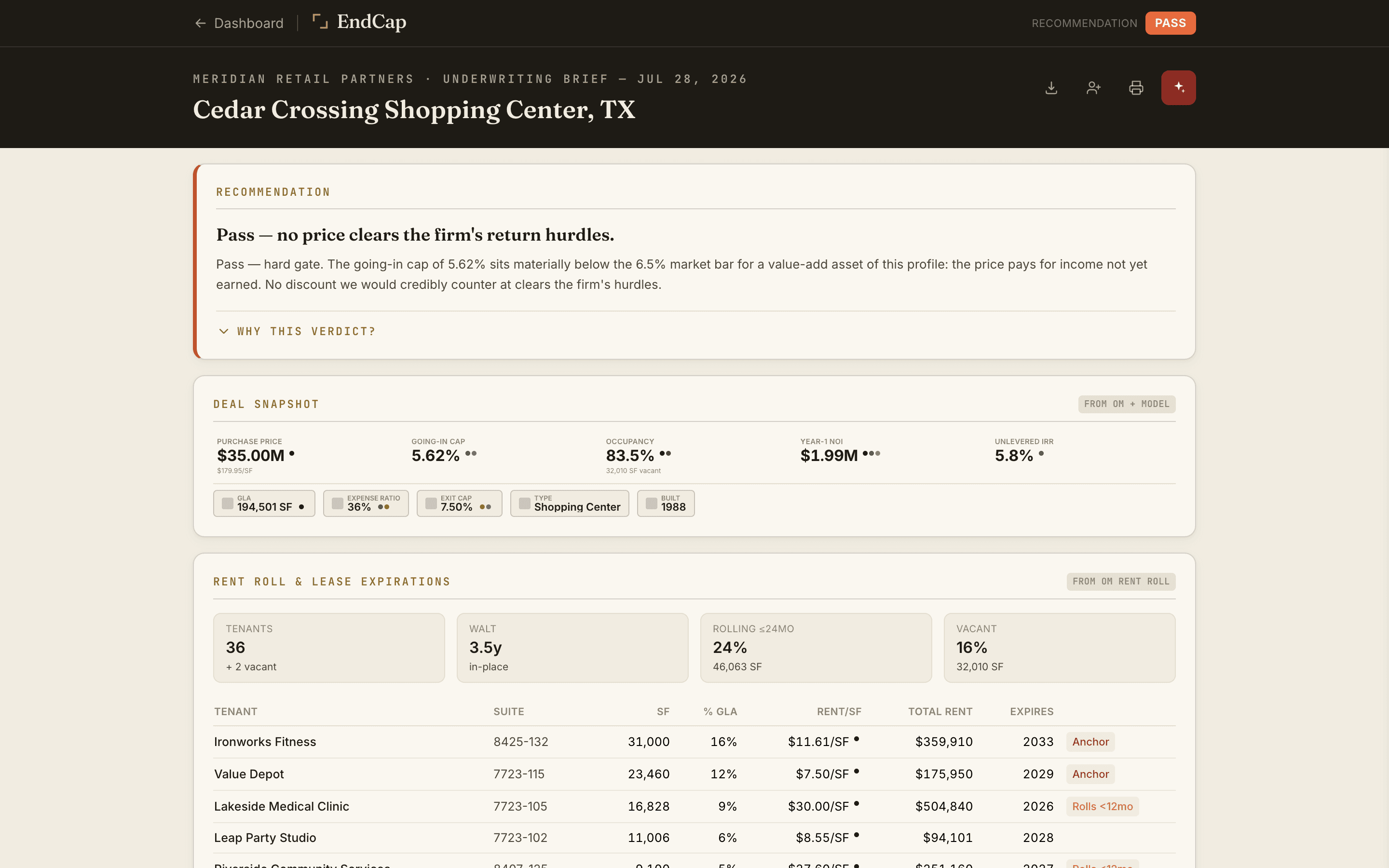 Underwriting brief page showing the verdict, deal metrics and cited figures