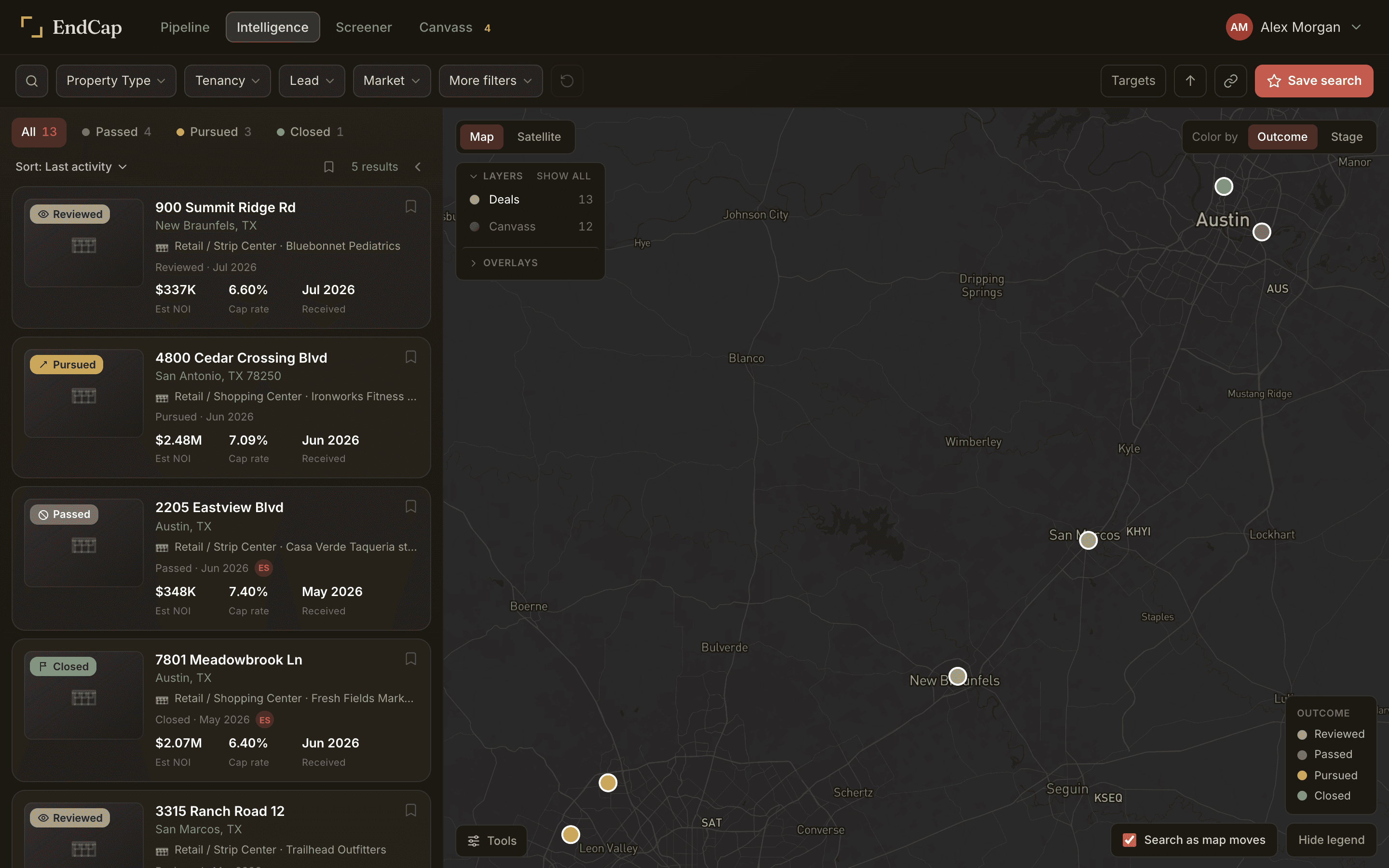 Map with deal pins colored by outcome, a legend, and a deal list carrying status pills