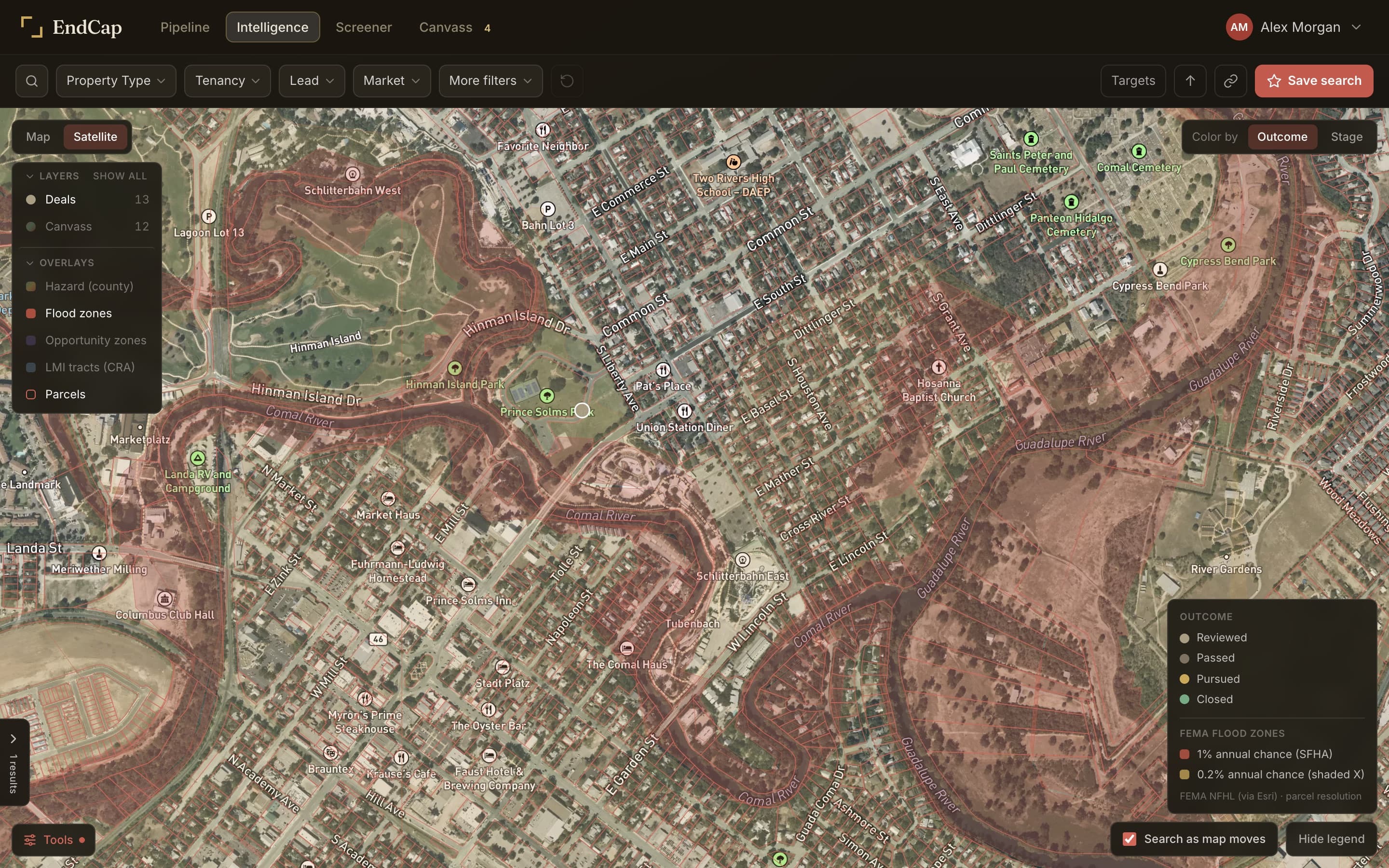 Satellite map at street level with FEMA flood polygons, parcel boundaries, an open overlay panel and a sourced legend
