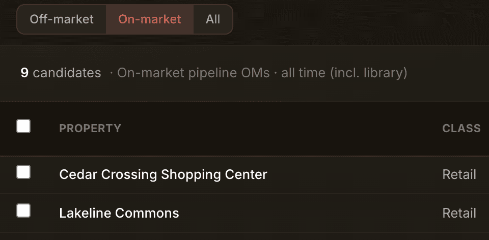 Screener market filter with the candidate count and result rows beneath it